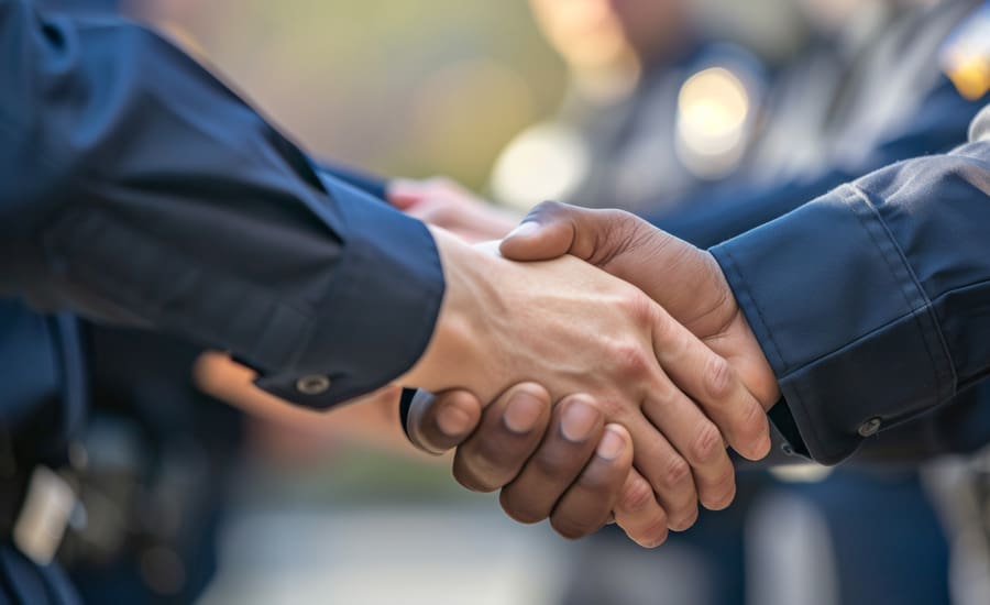 Officers shake hands in an event Two officers shake hands.